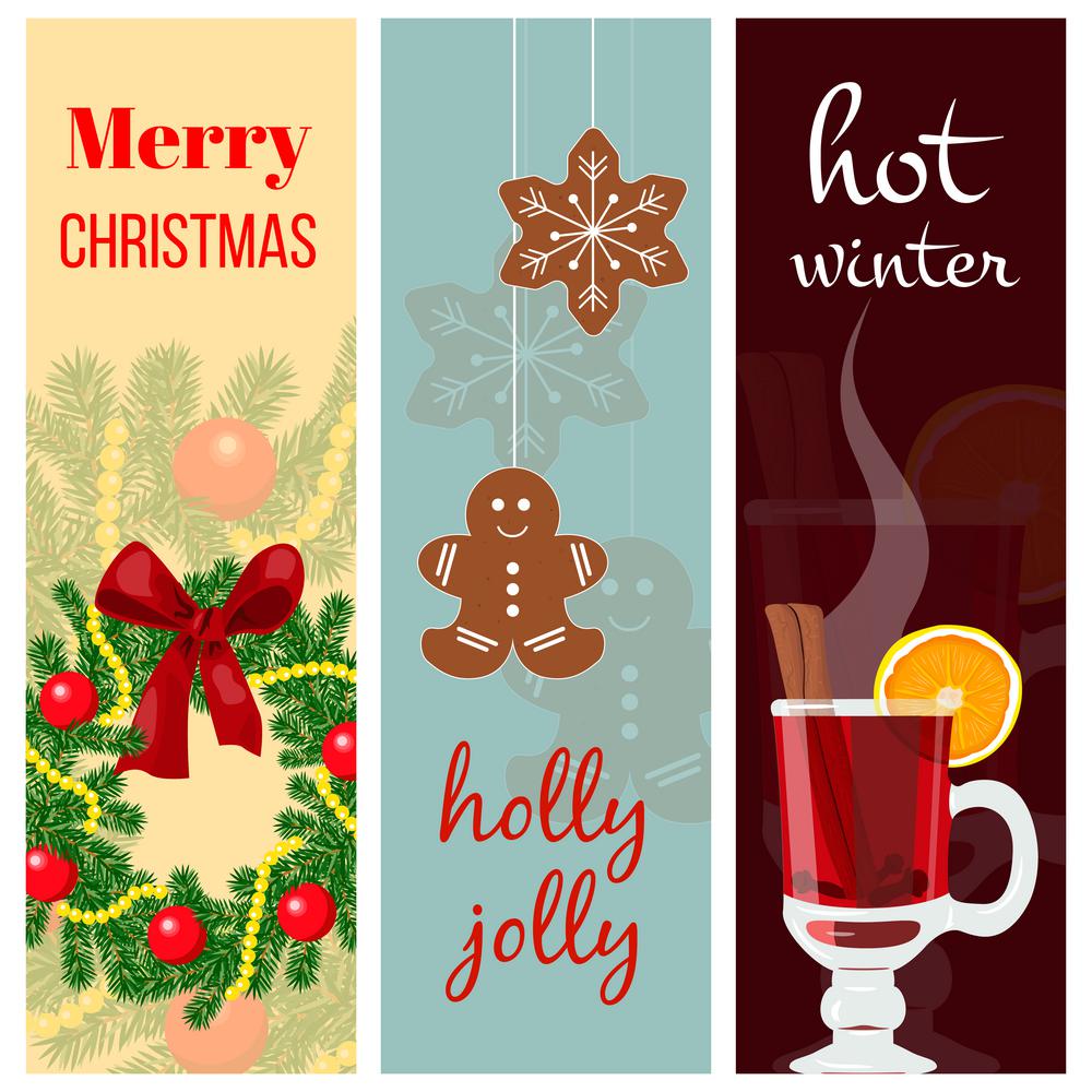 Christmas mood set. Christmas mood set. three stripes with wreath, Gingerbread, mulled wine. colored background. Christmas greetings postcard, banners, Vector design elements for web, textile, prints, decoration
