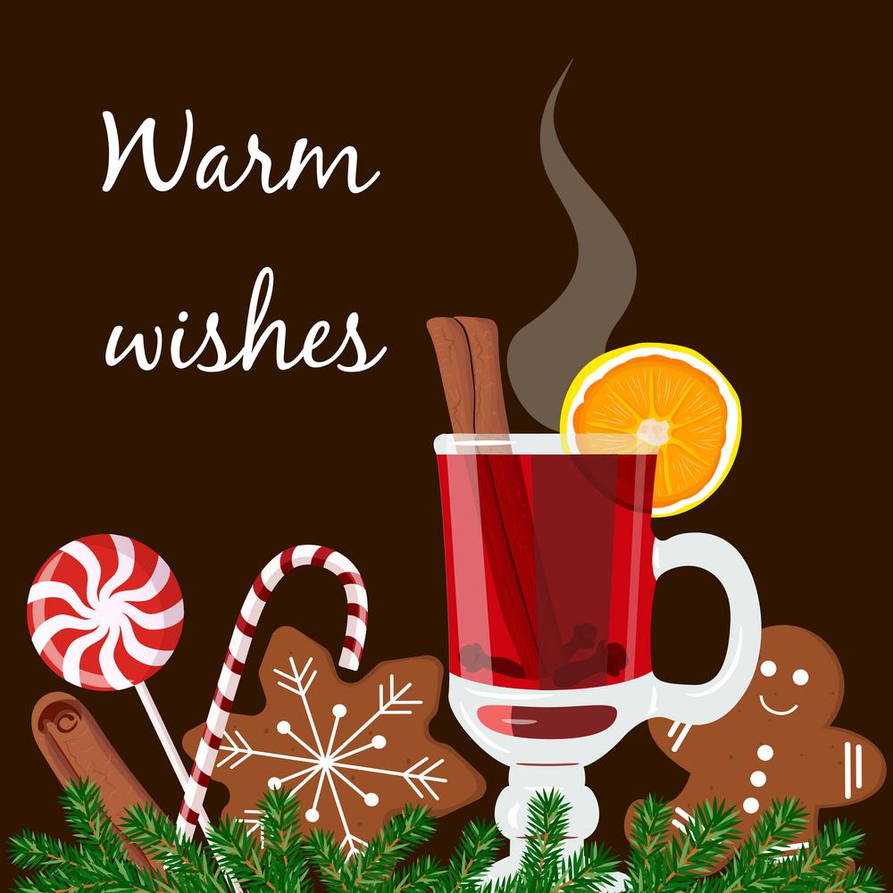 Warm wishes postcard. Mulled wine with gingerbread cookies. Warm wishes postcard. Mulled wine, gingerbread man, candy cane, lolly pop, fir tree twig, zest, nutmeg, star anise, sugar, cinnamon citrus cardamom ginger Black background