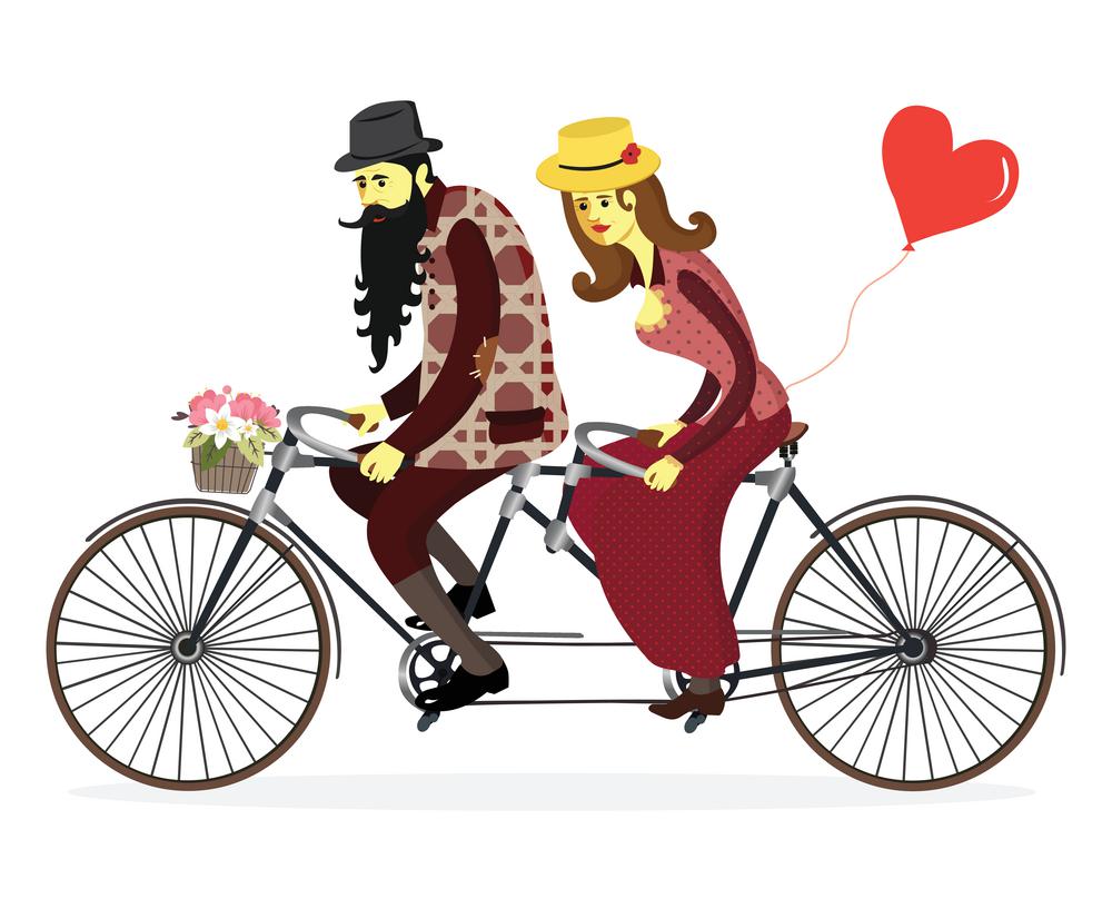 Loving couple riding on a bicycle. Couple riding a bicycle isolated. Doodle lovers: man and a woman riding tandem bicycle. Greeting card for Valentine&rsquo;s Day in a cartoon style.Vector illustration.