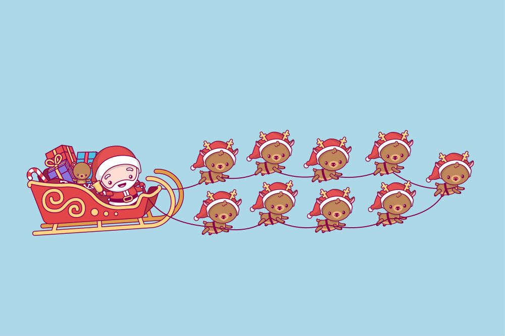 Lovely cute kawaii chibi. Santa Claus in a sleigh with gifts. a team of nine deer. Merry christmas and a happy new year.