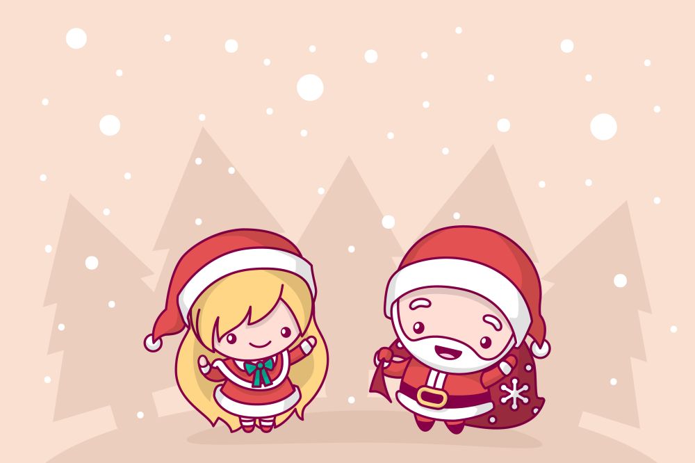 Lovely cute kawaii chibi. Santa Claus and Snow Maiden under a snowfall. Merry christmas and a happy new year. greeting card. background in warm tones.