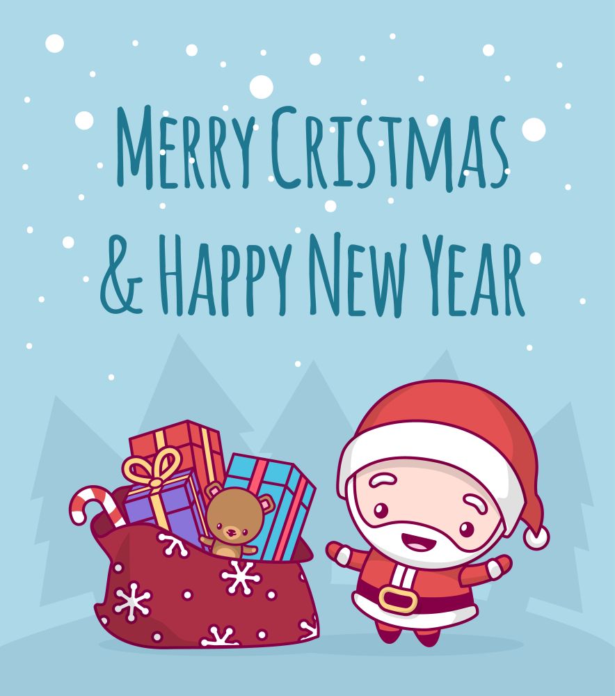 Lovely cute kawaii chibi. santa claus a bell with a bag and gifts under a snowfall. Merry christmas and a happy new year. greeting card.