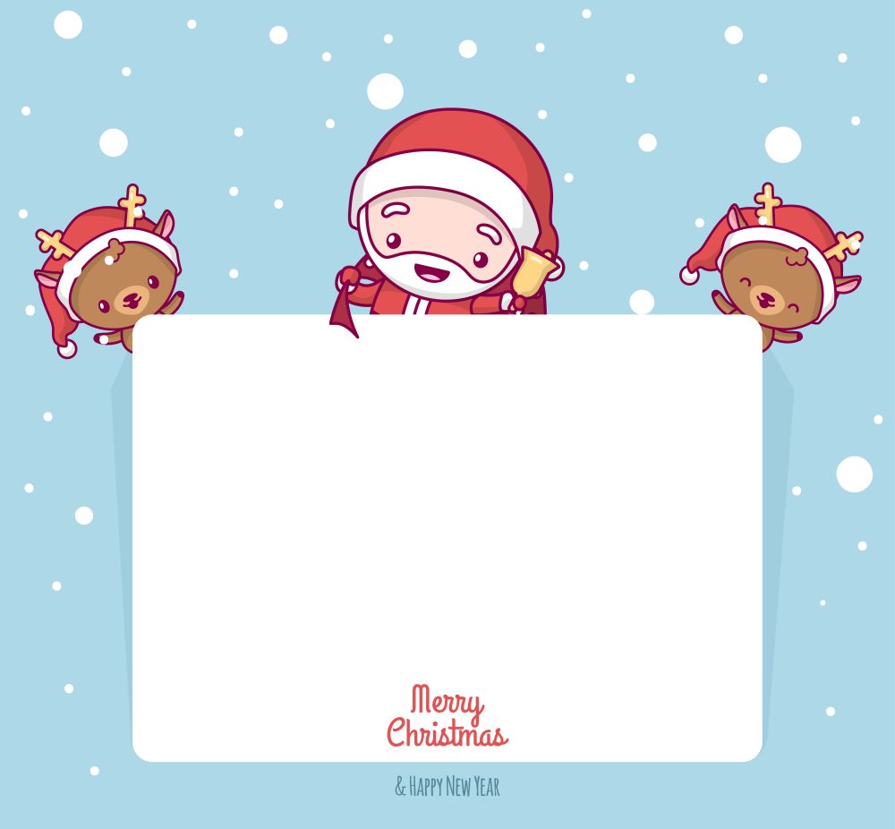 Lovely cute kawaii chibi. Santa claus with deer behind a paper overlay. Merry christmas and a happy new year. greeting card.