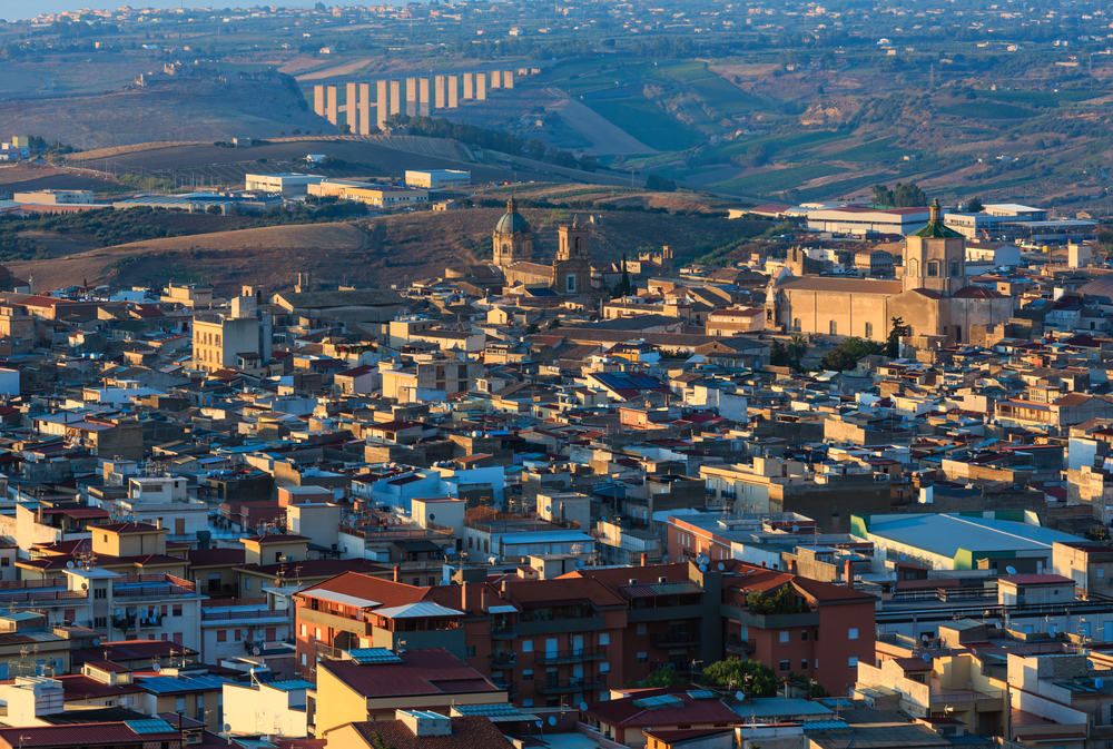 Evening view to Alcamo town from view point above (Trapani region, Sicily, Italy).