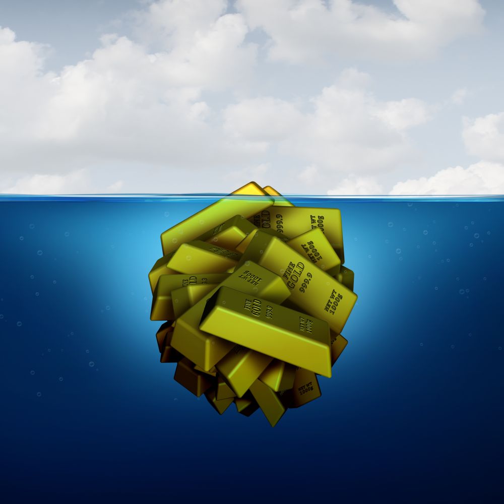 Iceberg business concept as a hidden fortune opportunity economic vision concept as an investing metaphor as agroup of gold bars with 3D illustration elements.