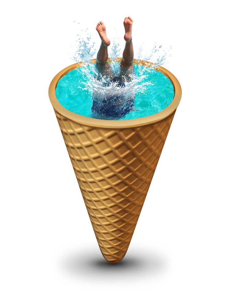 Summer pool fun as a person diving into refreshing water making a splash inside an ice cream cone as a surrealistic symbol for hot season activities and party lifestyle on vacation with 3D illustration elements.