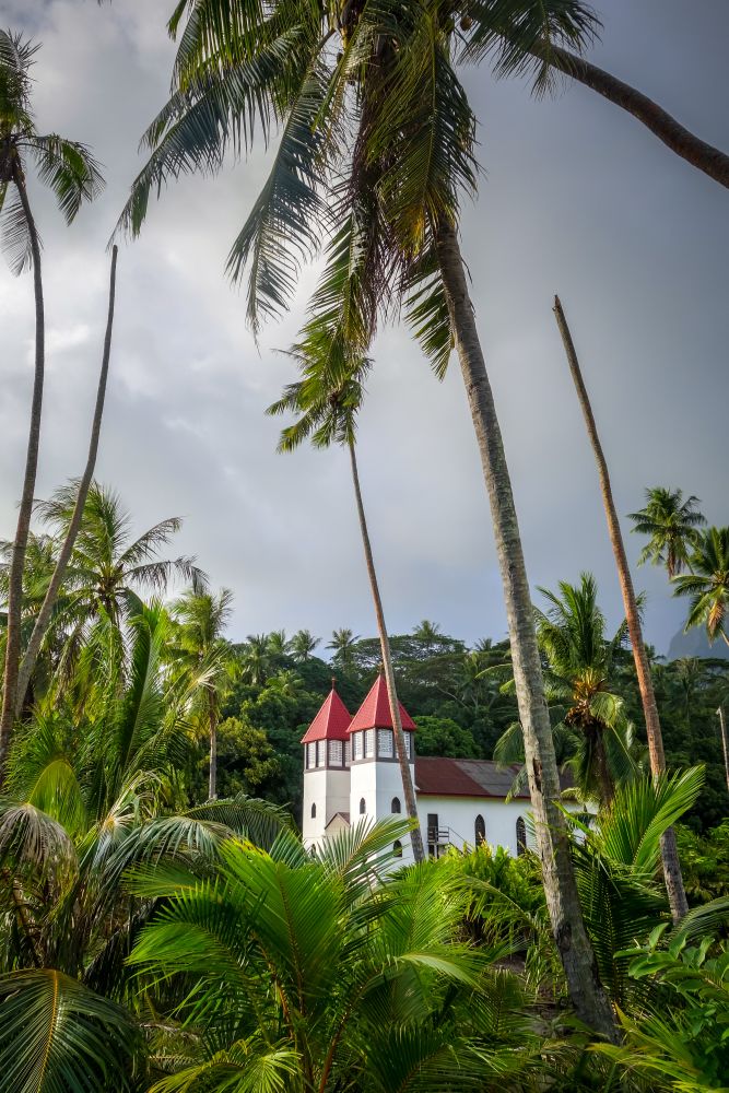 Haapiti church in Moorea island jungle, landscape. French Polynesia. Haapiti church in Moorea island jungle, landscape