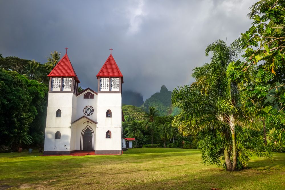 Haapiti church in Moorea island jungle, landscape. French Polynesia. Haapiti church in Moorea island jungle, landscape