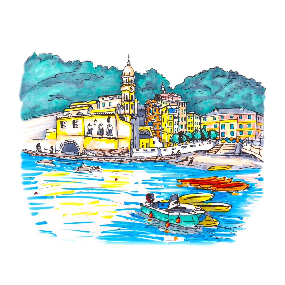 Vernazza, Cinque Terre, Liguria, Italy. Colorful fishing boats and Santa Margherita di Antiochia Church in Vernazza harbour in Five lands, Cinque Terre National Park, Liguria, Italy. Picture made markers