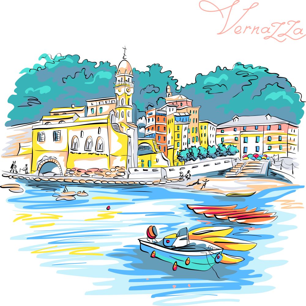 Colorful houses in Vernazza, Ligury, Italy. Vector hand drawing of colorful houses, boats and church in Vernazza fishing village in Five lands, Cinque Terre National Park, Liguria, Italy.
