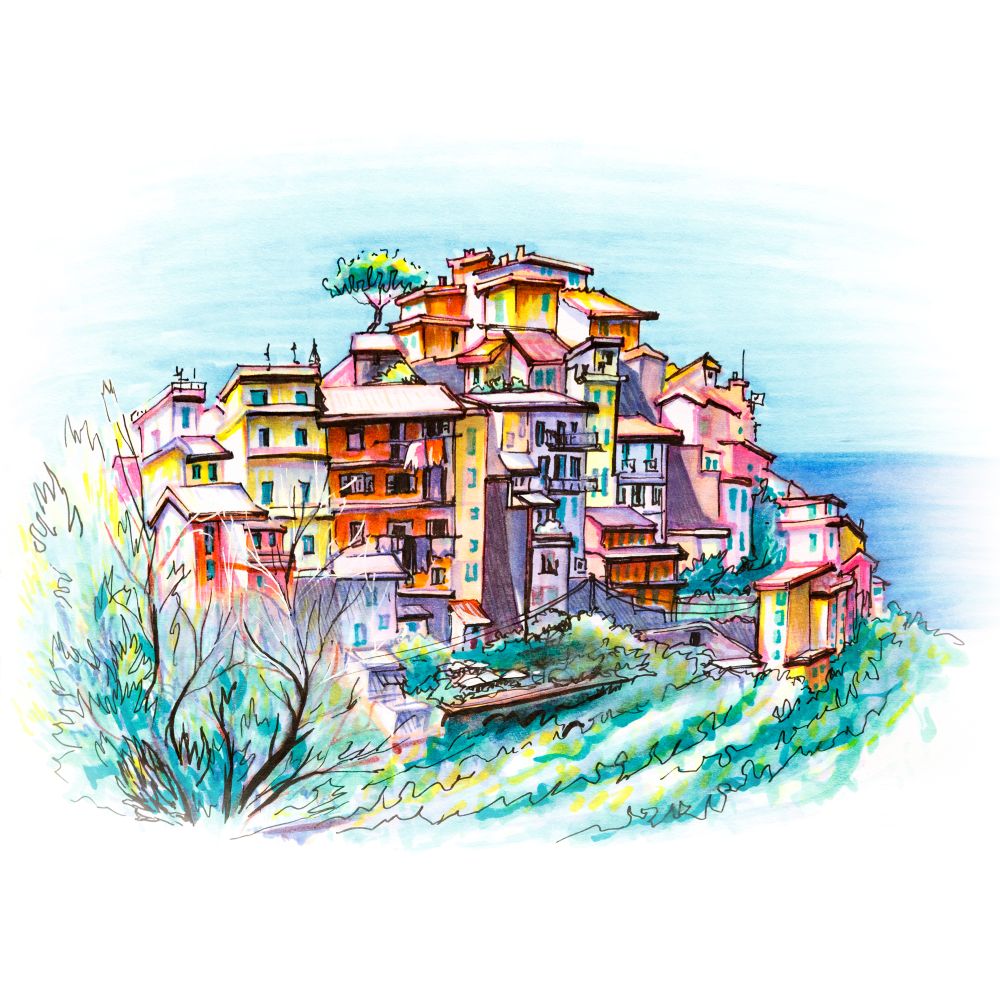 Colorful houses in Corniglia, Ligury, Italy. Picturesque view of colorful houses in Corniglia fishing village in Five lands, Cinque Terre National Park, Liguria, Italy. Picture made markers