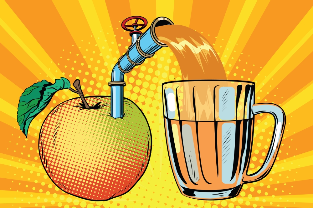 Apple juice is poured into a mug. Pop art retro comic book vector illustration. Apple juice is poured into a mug