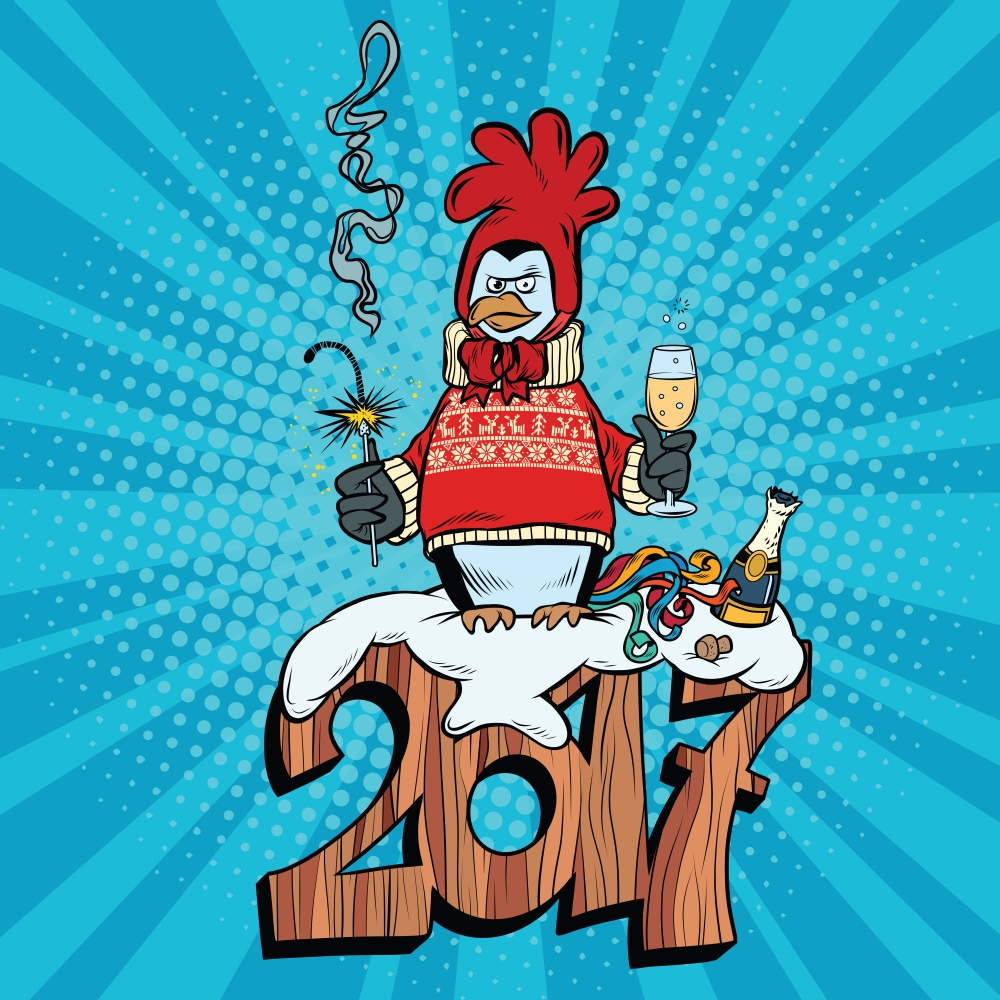 The penguin dressed as a rooster, new year 2017. Pop art retro vector illustration