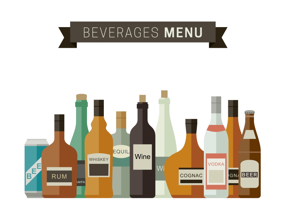 Alcoholic Beverages. Beverages menu with bottles of alcoholic drinks. Vector flat illustration.