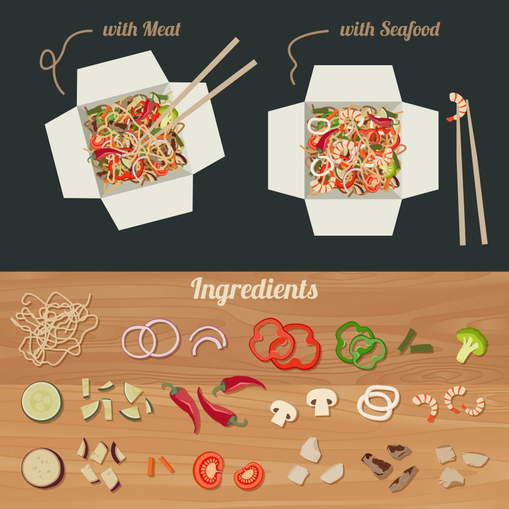 Chinese noodles with ingredients.. Chinese noodles with meat and seafood in paper box. Ingredients for noodles WOK.
