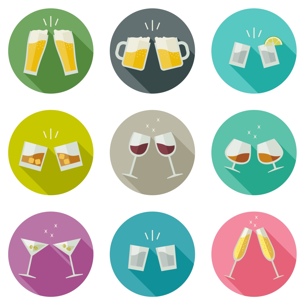 Clink glasses icons.. Clink glasses icons. Glasses with alcoholic beverages in flat style.