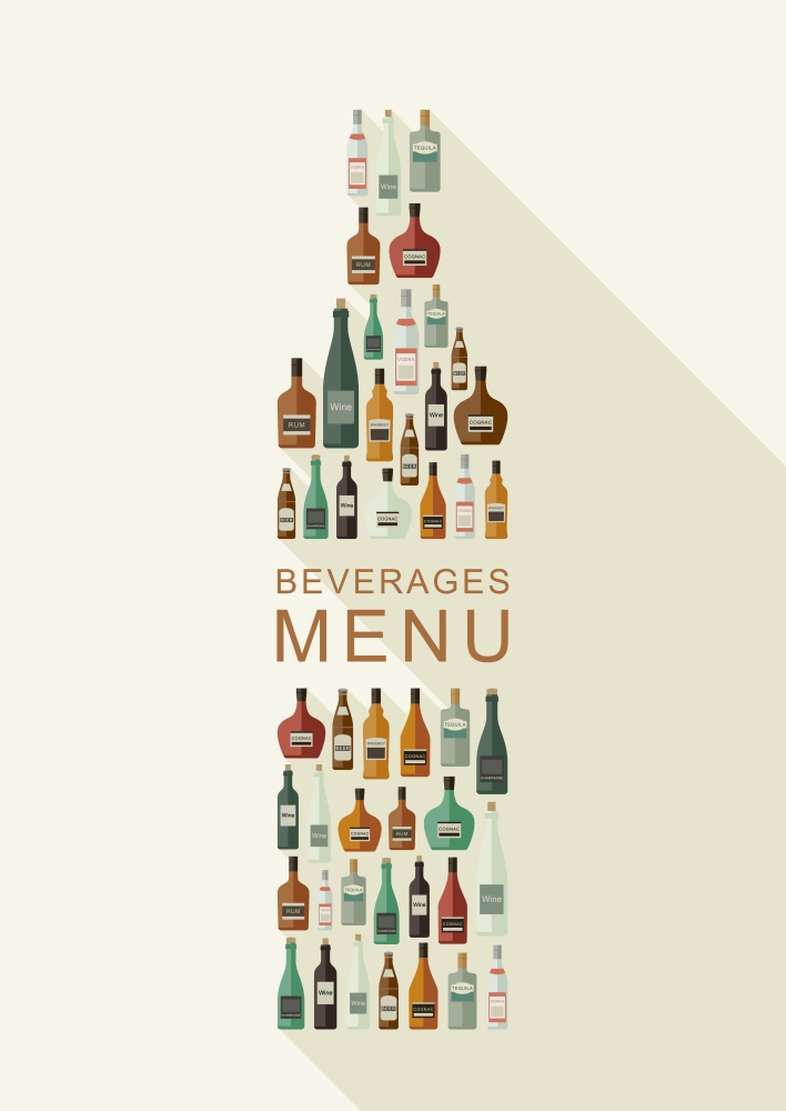 Alcoholic beverages menu. Beverages menu. Bottles of alcoholic beverages in bottle shape. Vector flat illustration
