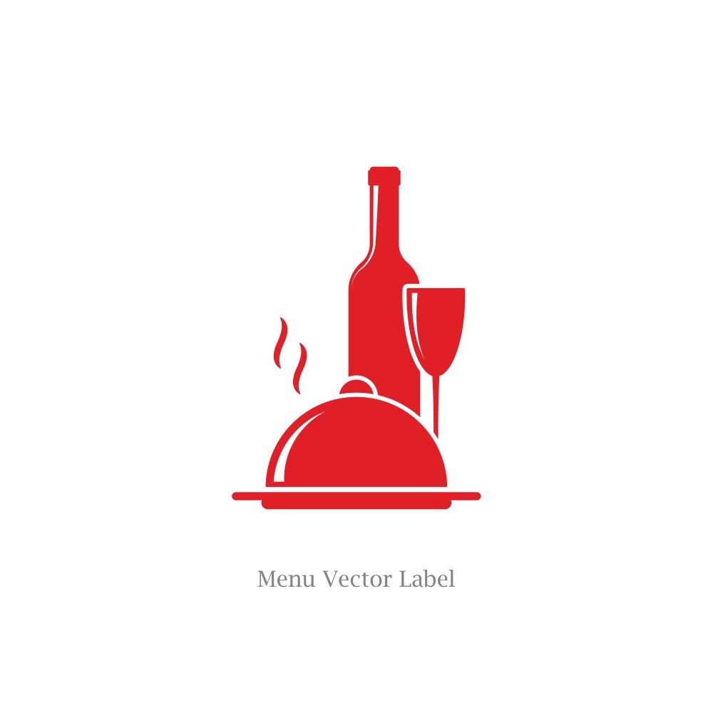 wine bottle with wineglass and food dish symbols as restaurant label vector illustration