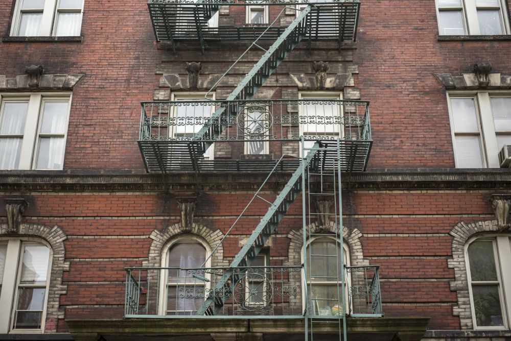 Low angle view of fire escape of building, New York City, New York State, USA