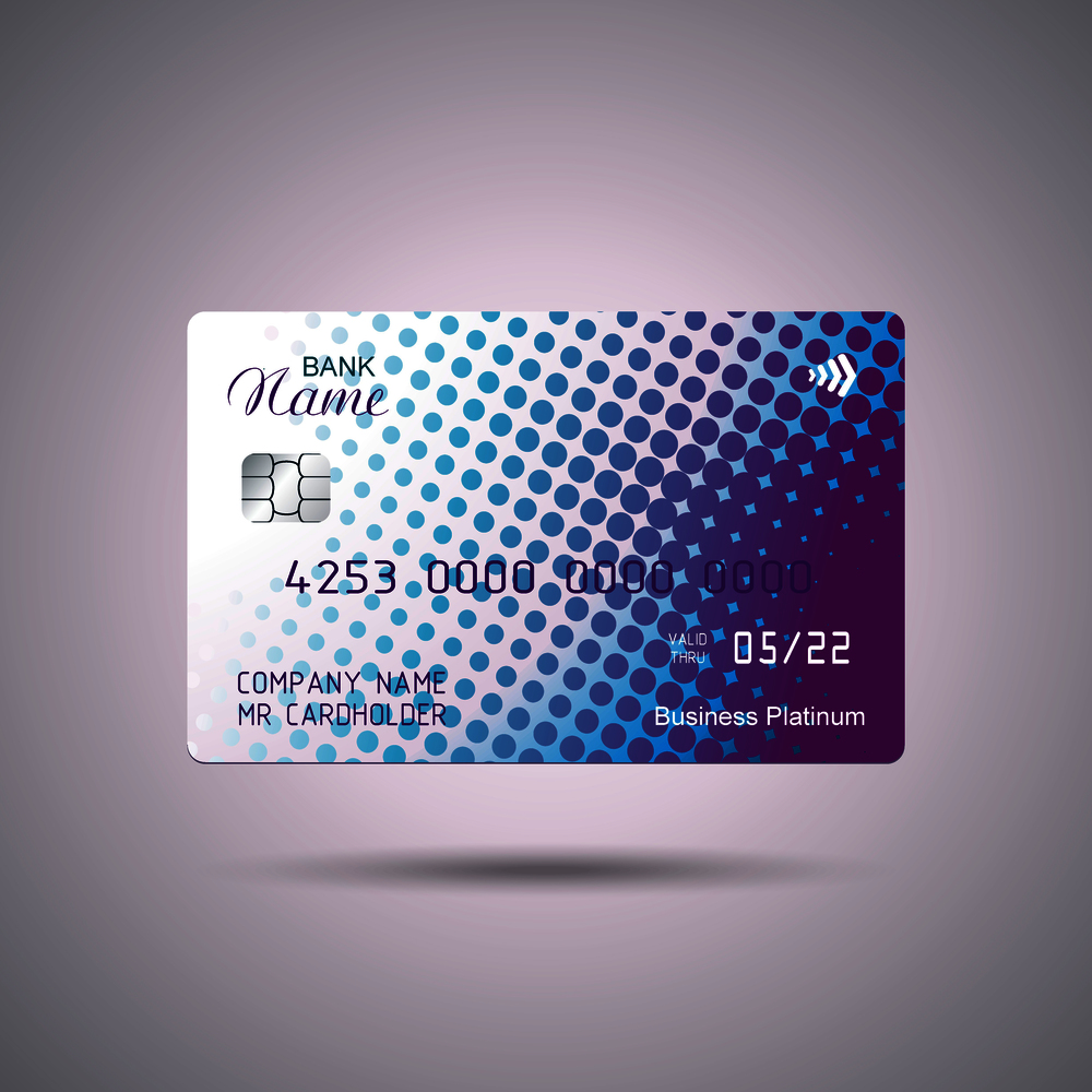 Credit card bright blue and purple design  with  shadow. Detailed abstract glossy credit card concept  for business, payment history, shopping malls, web, print.