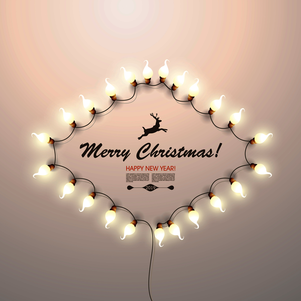 Christmas glowing garland on a gentle pleasant background. Candle light bulbs. Xmas holidays.  New year, winter.
