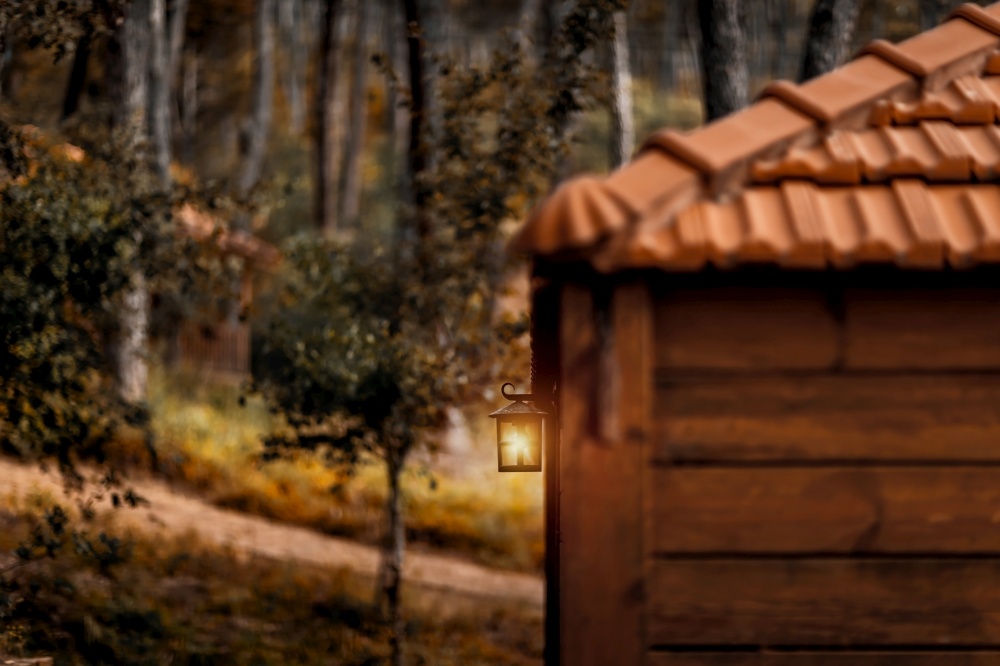 Little Nice Wooden House in the Forest with Bright Glowing Lantern. Perfect Place for Escape and Peaceful Weekend. Vacation in the Nature.. Cabin in the Woods