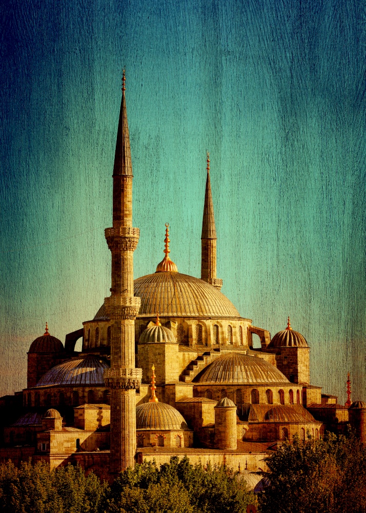 Blue mosque of Istanbul or Sultanahmet, historic famous religious landmark, great touristic place, Turkey, vintage textured photo