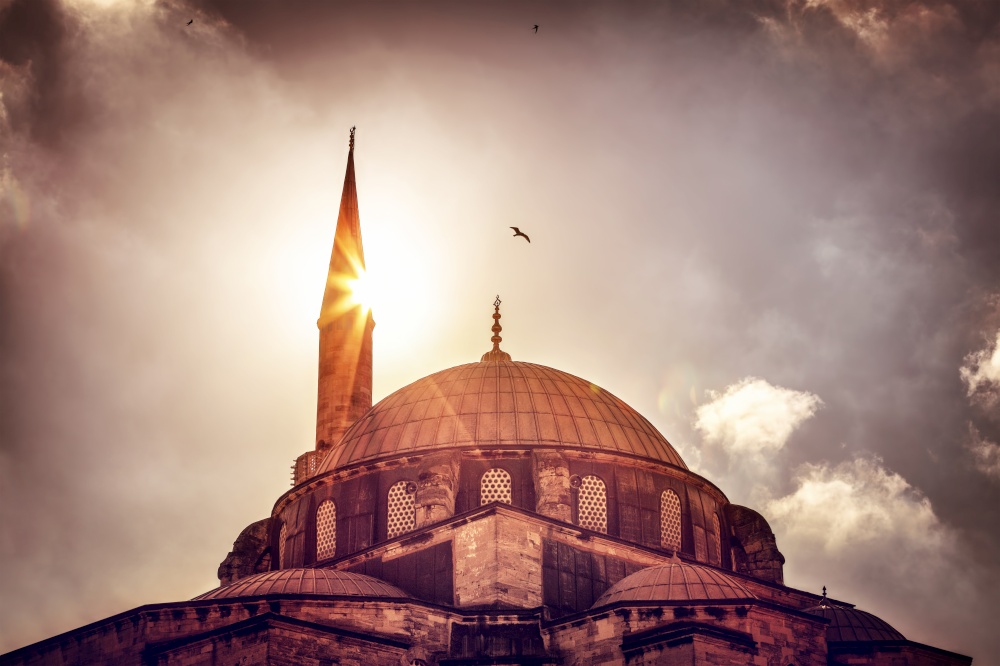 Beautiful view on the mosque over sunset light, amazing architectural heritage, historical landmark of Istanbul, Turkey