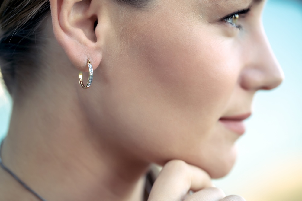 Closeup Portrait of a Beautiful Young Woman Wearing Gorgeous Stylish Earring. Outdoors Photoshoot. Luxury Fashionable Jewelry.. Beautiful Woman Wearing Gorgeous Earring