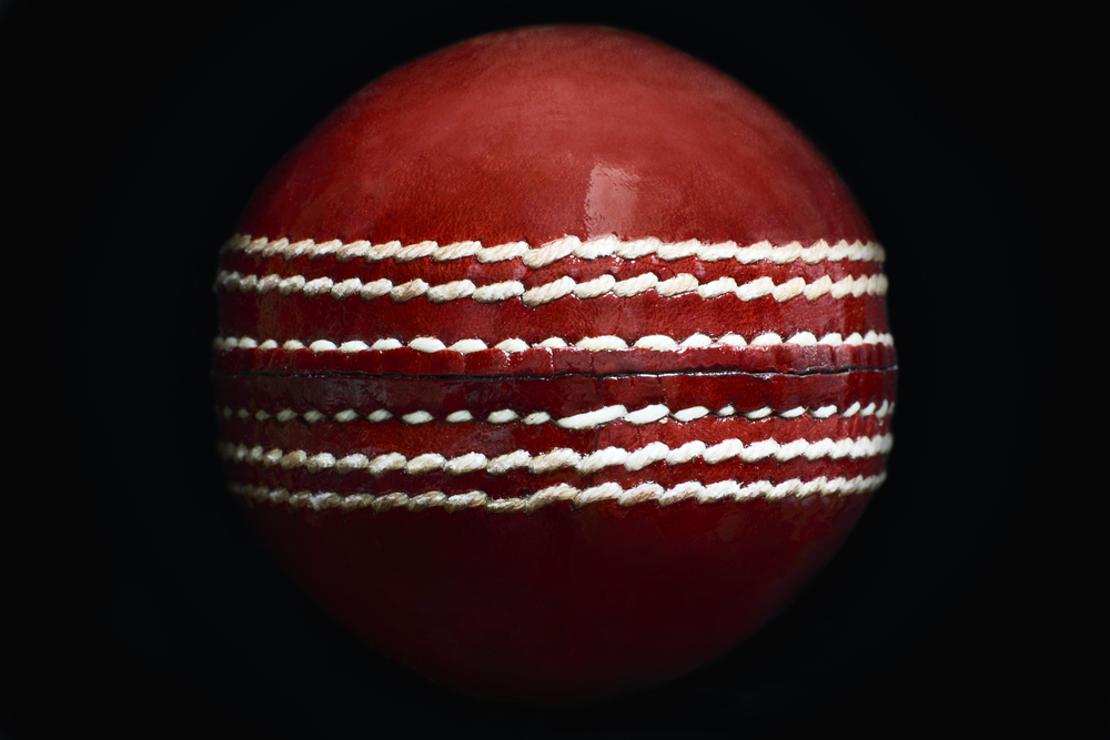 Close up of a leather cricket ball showing the seam