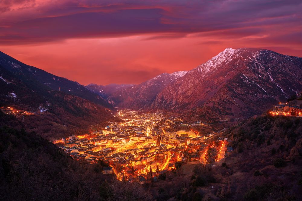 Andorra la Vella skyline at sunset in Pyrenees mountains