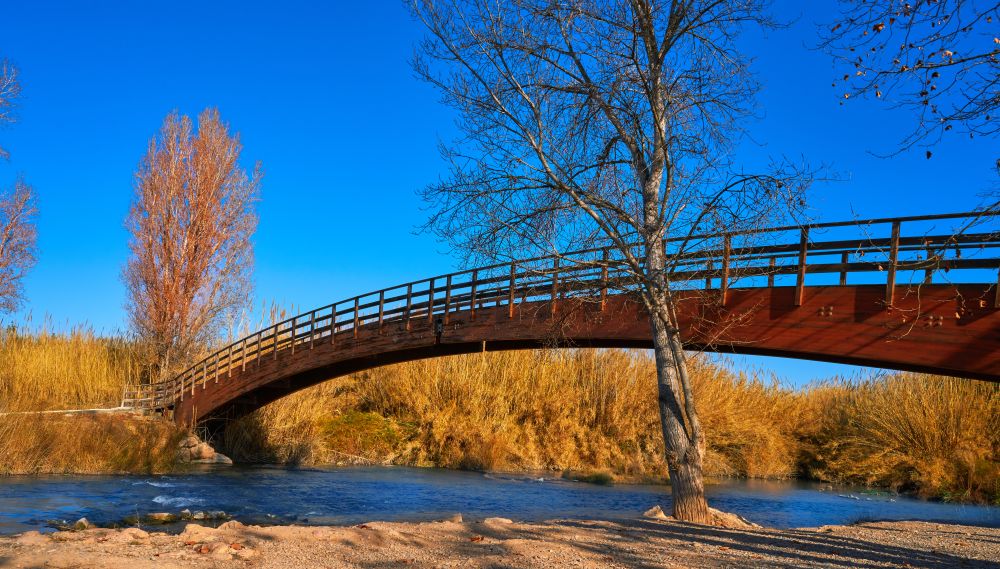 Park de Turia wooden bridge on river turia in Valencia of Spain