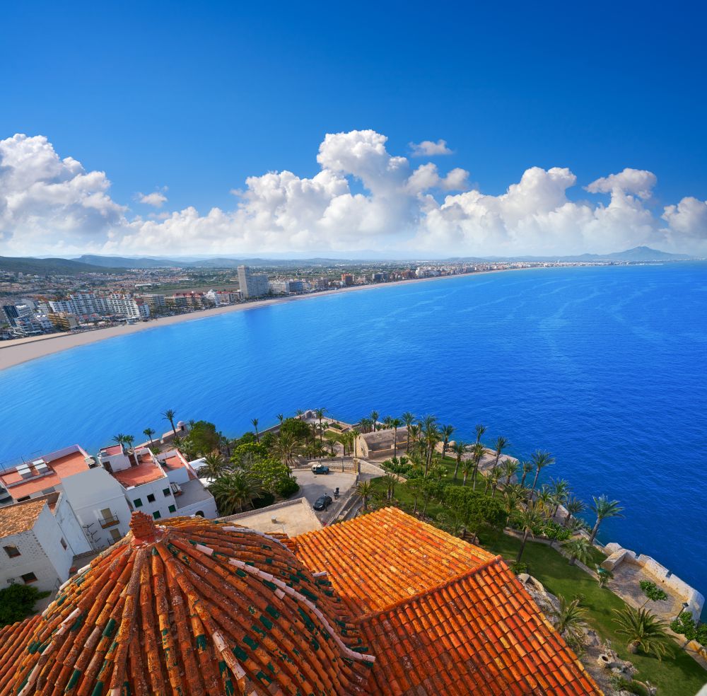 Peniscola aerial beach village in Castellon of Mediterranean Spain