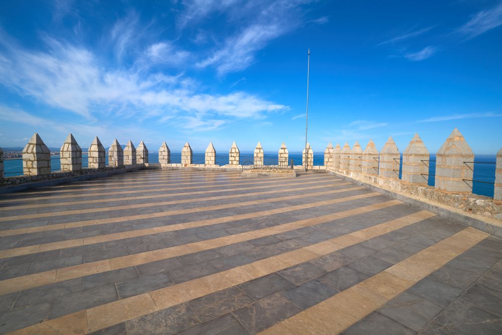 Rooftop of Peniscola castle in Castellon with Mediterranean sea view of Spain