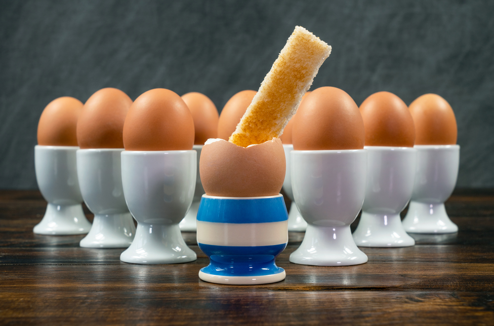 Toast soldier dipped into one boiled egg in a blue striped eggcup surrounded by white egg cups on a wooden table