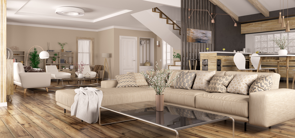 Modern interior design of house, kitchen, living room with sofa, hall, staircase panorama 3d rendering