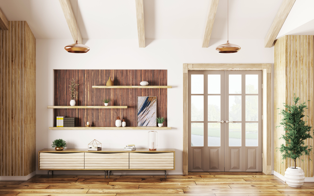 Modern interior of living room with wooden sideboard and door 3d rendering