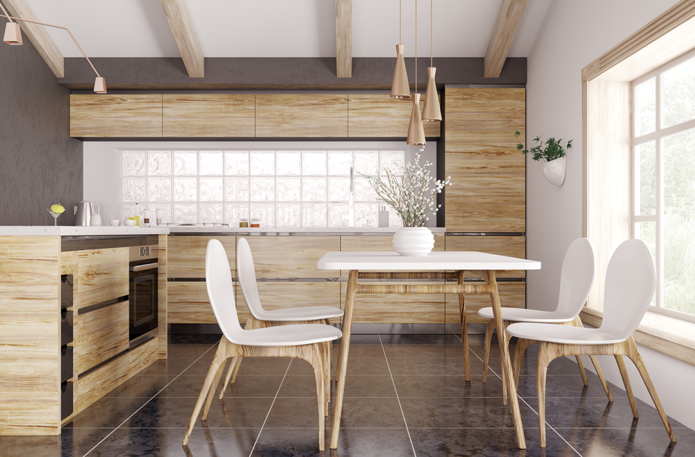 Modern interior of wooden kitchen with window, yellow and white table and chairs 3d rendering