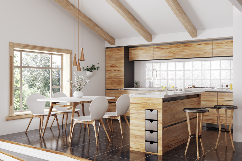 Modern interior of wooden kitchen with island, yellow and white table and chairs 3d rendering