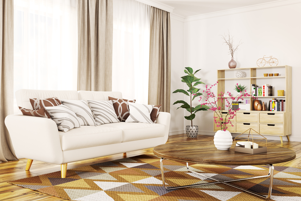 Modern interior of living room with white sofa and coffee table 3d rendering