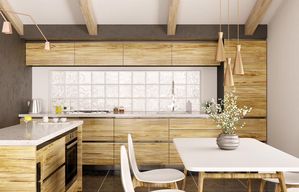 Modern interior design of wooden kitchen with island, white marble counter, window, table and chairs 3d rendering