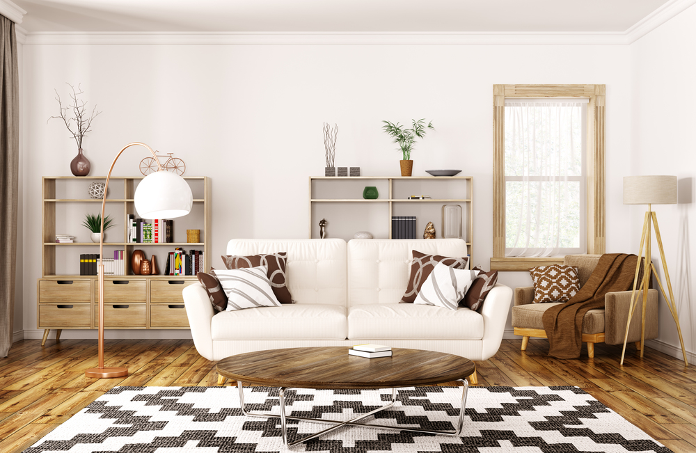 Modern interior design of house, living room with beige sofa,coffee table 3d rendering
