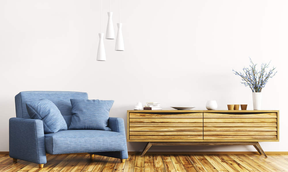 Modern interior of living room with wooden cabinet and blue armchair 3d rendering
