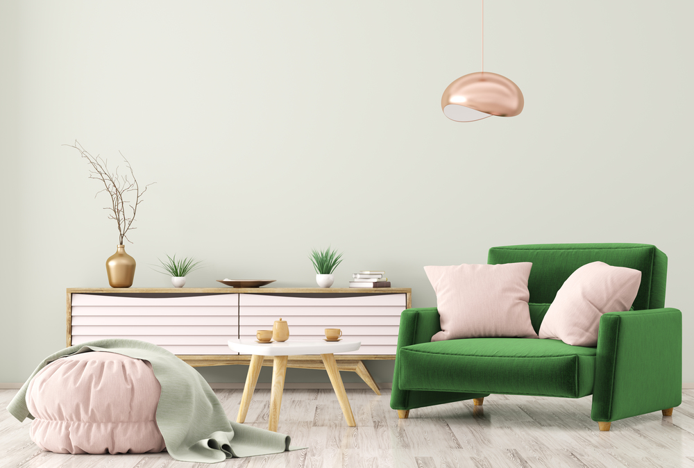 Modern interior of living room with wooden dresser, brown armchair and ottoman over green wall 3d rendering