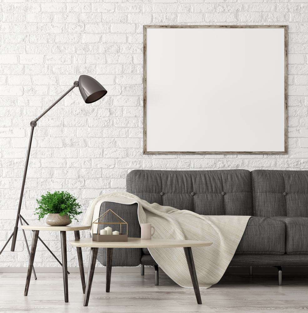 Modern interior of living room with black sofa, wooden coffee tables and mock up poster on the brick wall 3d rendering