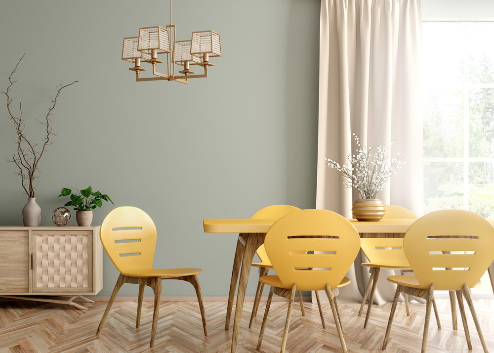Interior of modern dining room, yellow table and chairs against green wall with big window and curtain 3d rendering