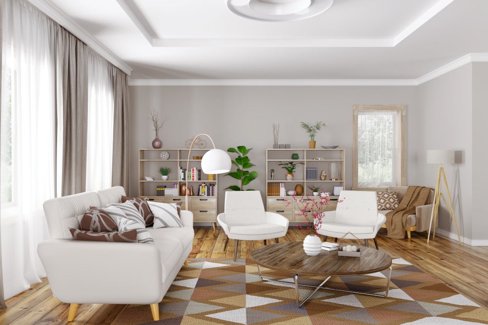 Modern interior design of living room with white sofa, armchairs and coffee table 3d rendering