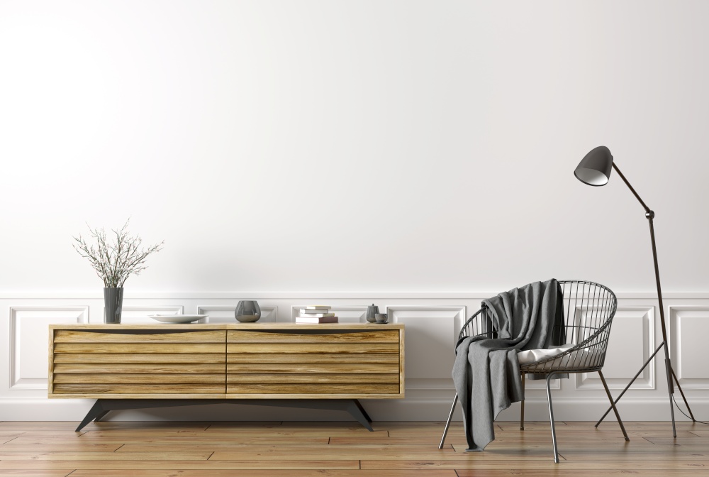 Interior design of modern living room. Wooden sideboard, floor lamp and black armchair 3d rendering