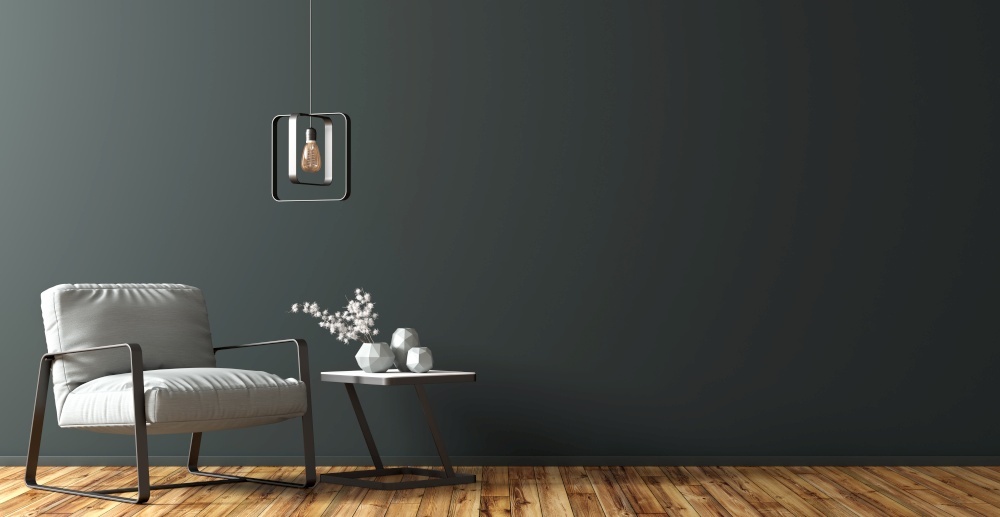 Interior background of living room with black white coffee table, metal lamp and  gray armchair against black wall 3d rendering