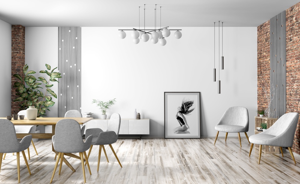 Interior of modern dining or living room, scandinavian home design with wooden table and gray chairs against white wall 3d rendering